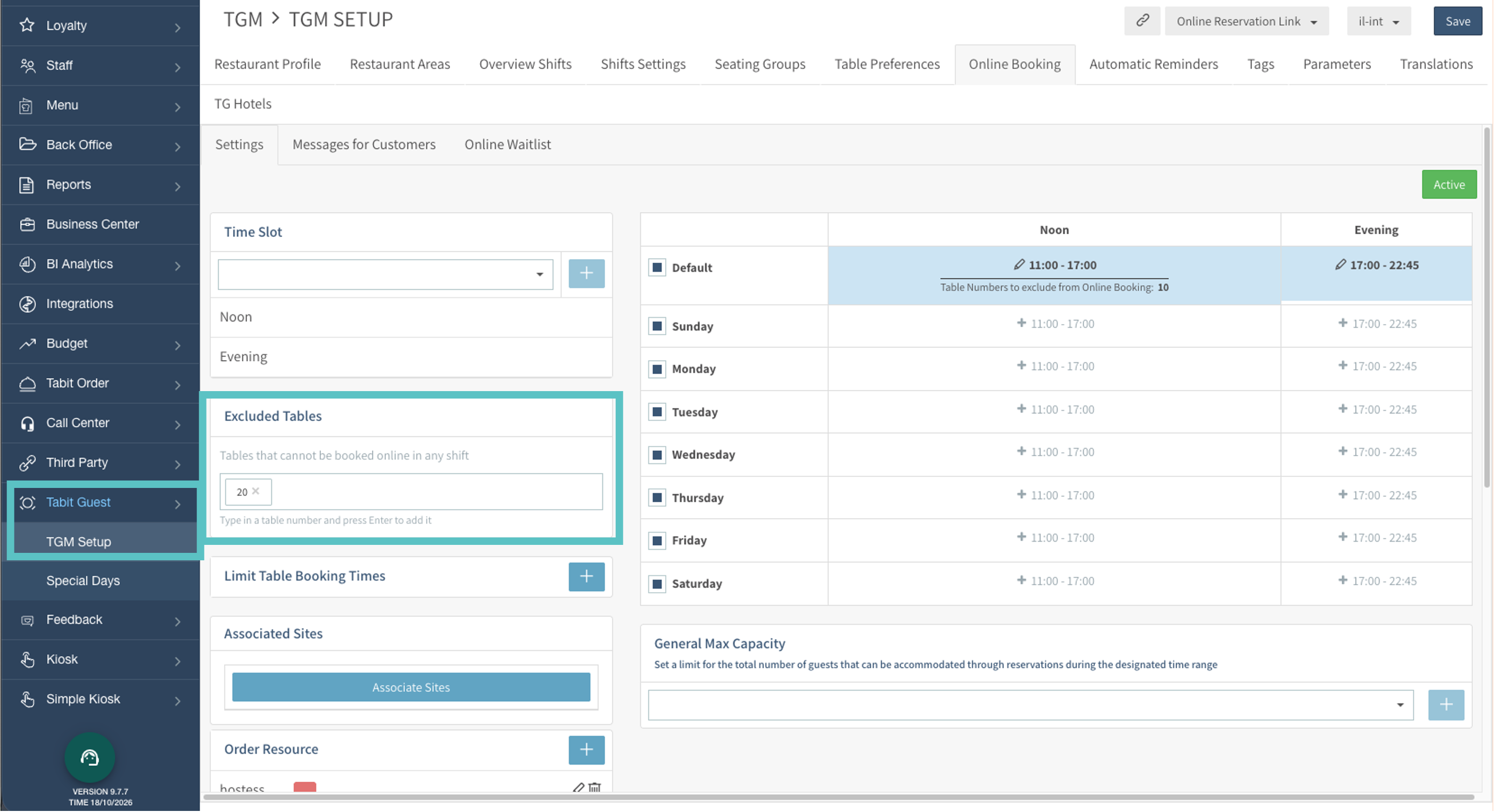 Excluded Tables setup for all shifts in Tabit Guest