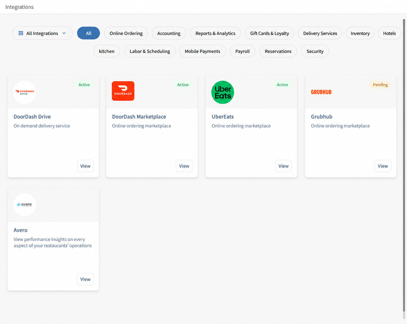 Integration cards showing categories and connection status