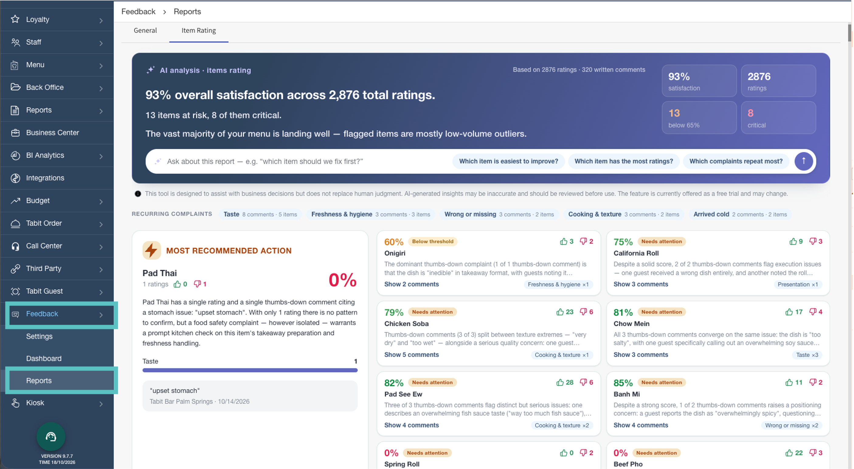 Updated Feedback item ratings and suggested actions